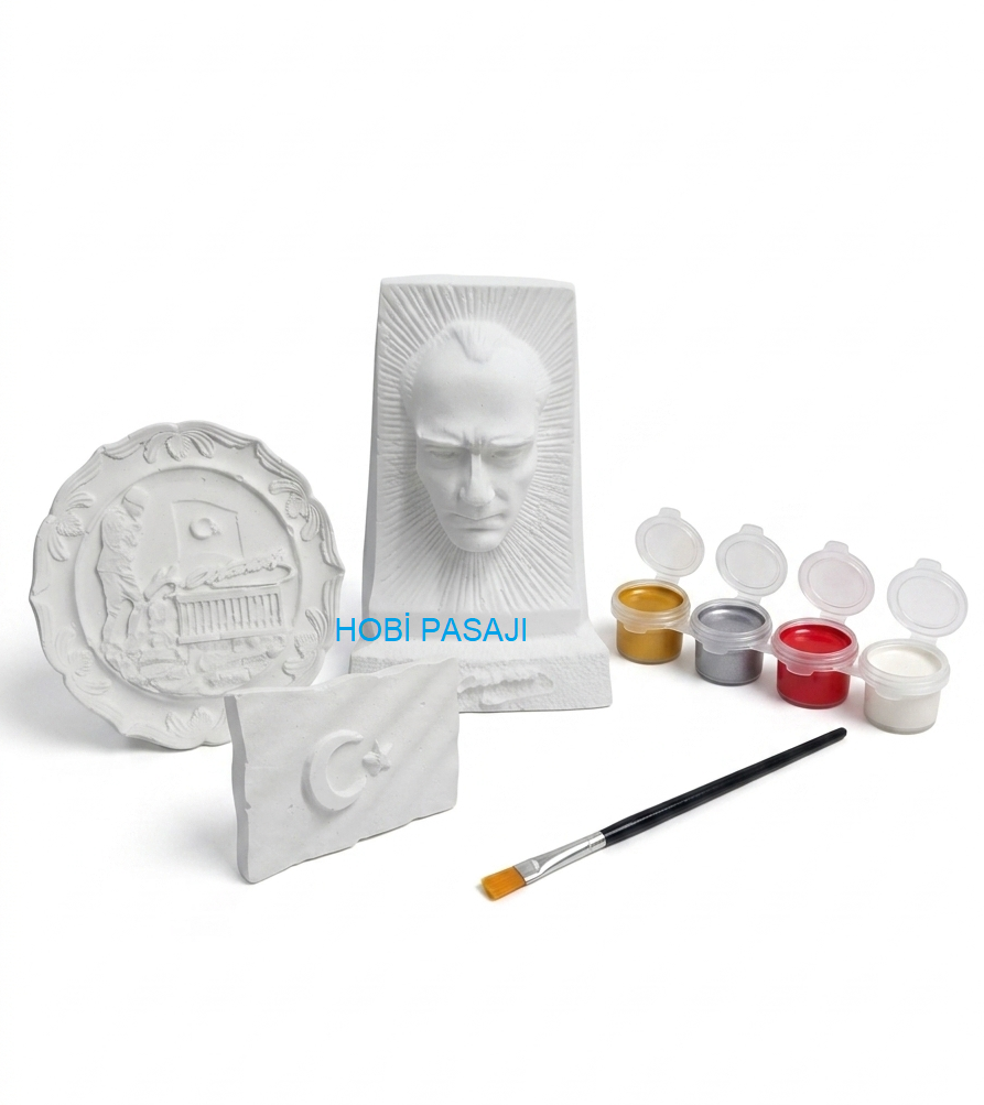 Taş Boyama Seti Atatürk Büst Bayrak Anıtkabir 4 Renk Akrilik Boya 5ml + Fırça
