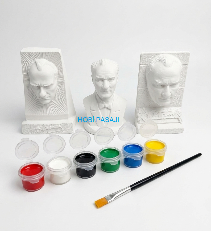 Taş Boyama Seti Atatürk Büstleri 6 Renk Akrilik Boya 5ml + Fırça