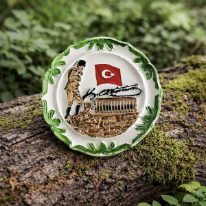 Atatürk İmzalı ve Anıtkabir Türk Bayrağı Tabak 10x10cm