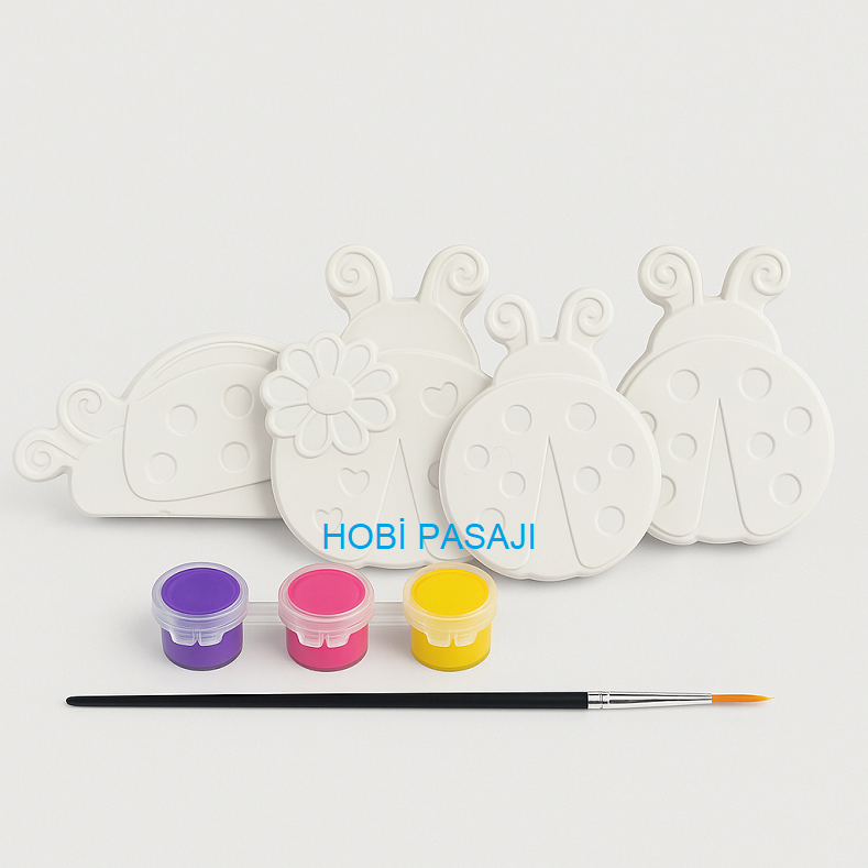 Taş Boyama Seti Uğur Böceği 3 Renk Akrilik Boya 5ml + Fırça