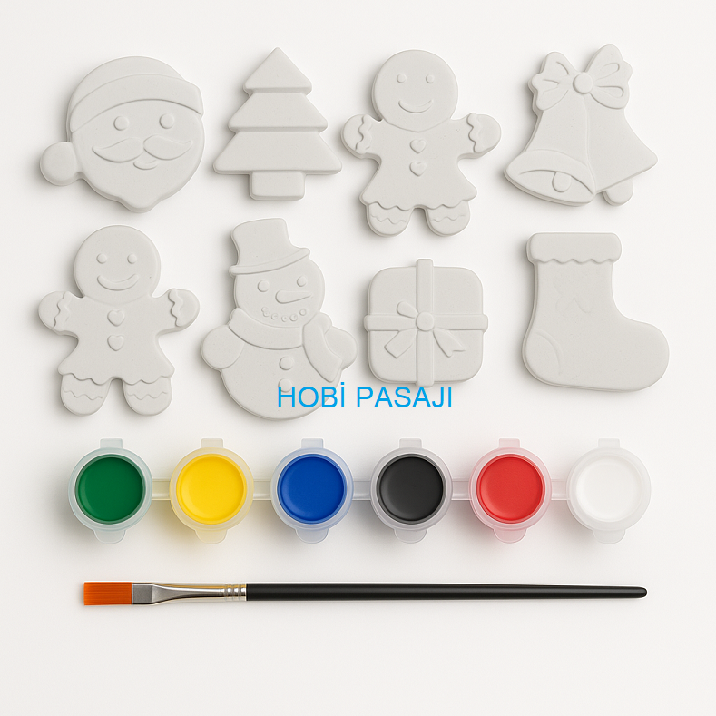 Taş Boyama Seti Yılbaşı Yeniyıl 6 Renk Akrilik Boya 5ml + Fırça