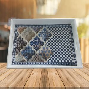 Ahşap Karo ve Fas Desenli Büyük Tepsi 40x30cm