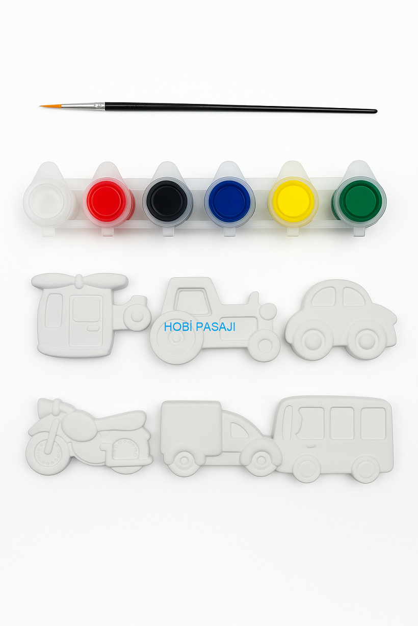 Taş Boyama Seti Taşıtlar 6 Renk Akrilik Boya 5ml + Fırça