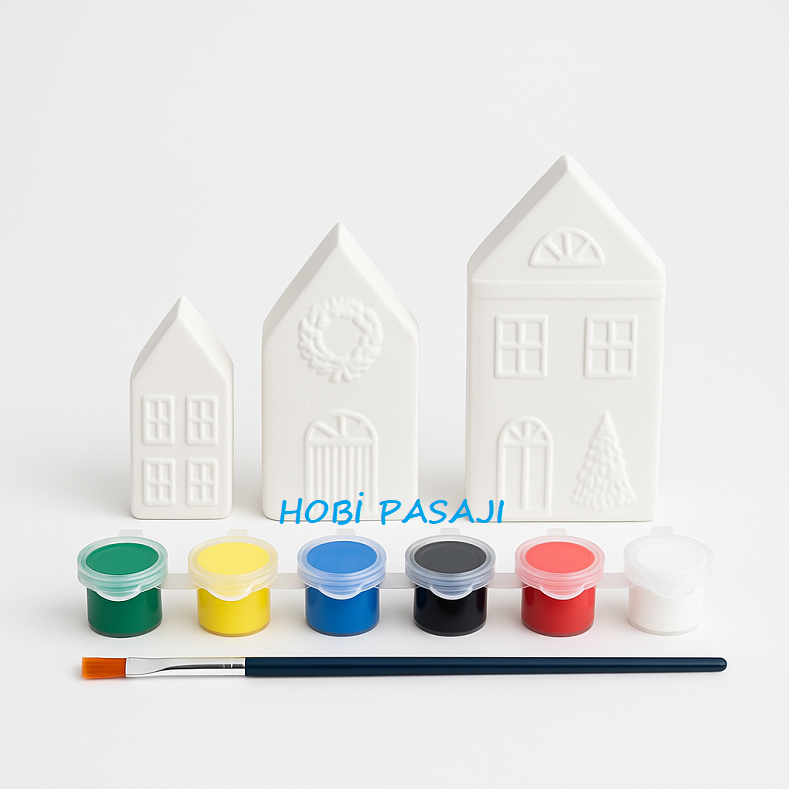 Taş Boyama Seti Boyutlu Evler 6 Renk Akrilik Boya 5ml + Fırça