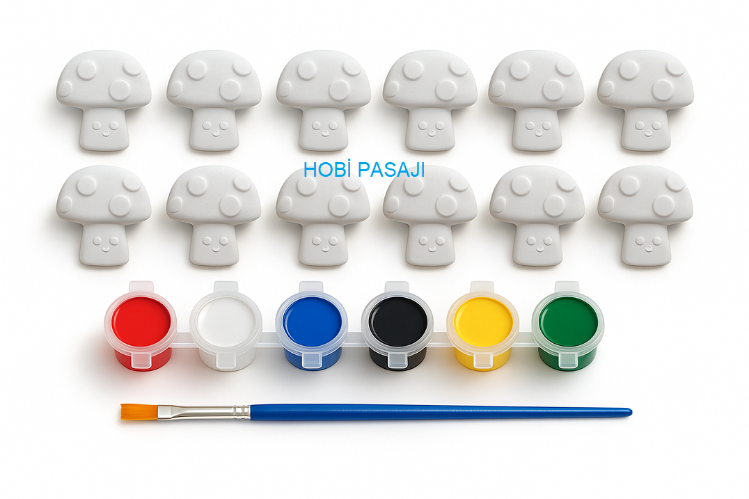 Taş Boyama Seti Mantarlar 6 Renk Akrilik Boya 5ml + Fırça