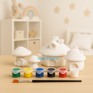 Taş Boyama Seti Mantar Evler 6 Renk Akrilik Boya 5ml + Fırça