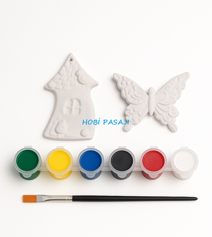 Taş Boyama Seti Kelebek ve Ev 6 Renk Akrilik Boya 5ml + Fırça