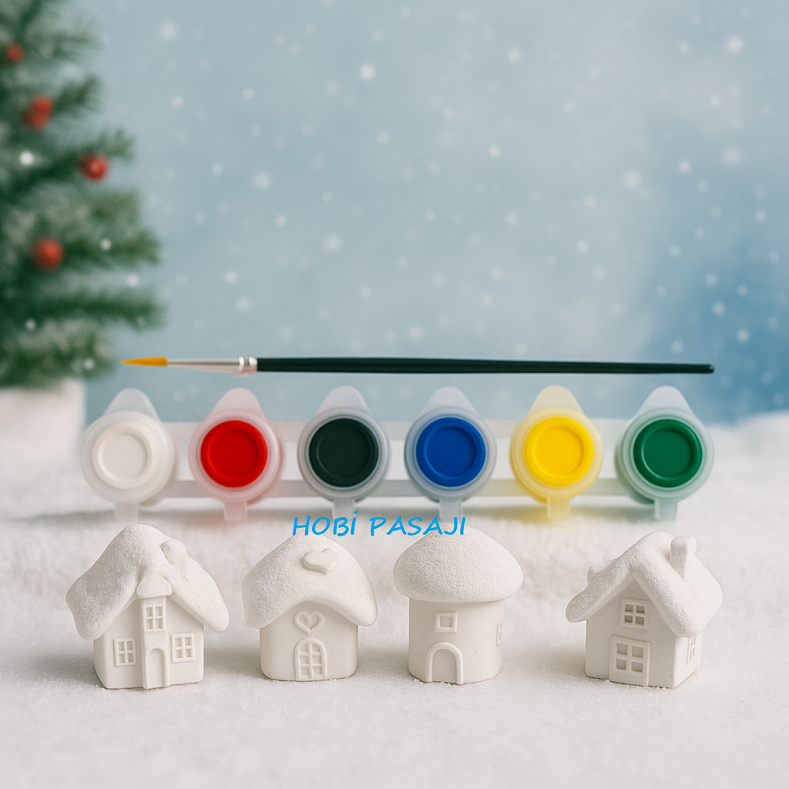 Taş Boyama Seti Kış Evleri 6 Renk Akrilik Boya 5ml + Fırça