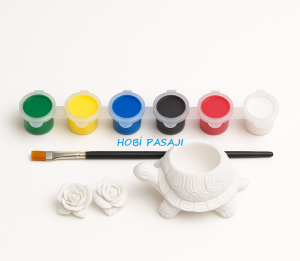 Taş Boyama Seti Kaplumbağa Saksı ve Çiçekler 6 Renk Akrilik Boya 5ml + Fırça