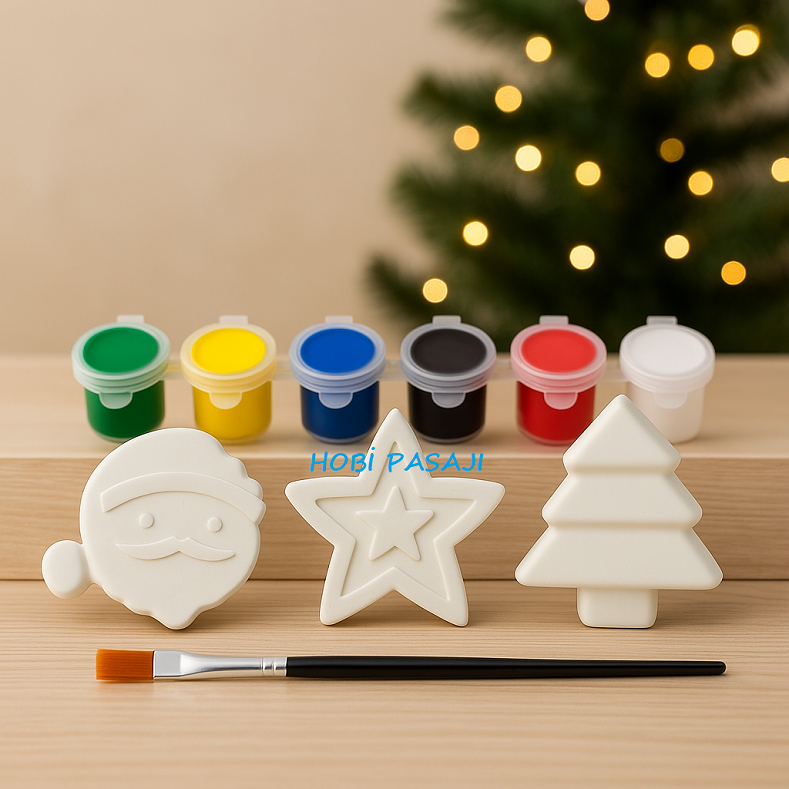 Taş Boyama Yeniyıl Yılbaşı Seti 6 Renk Akrilik Boya 5ml + Fırça