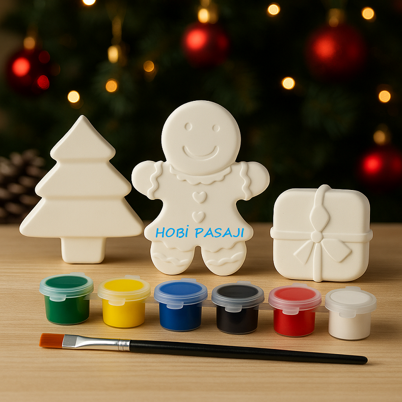 Taş Boyama Yeniyıl Yılbaşı Seti 6 Renk Akrilik Boya 5ml + Fırça