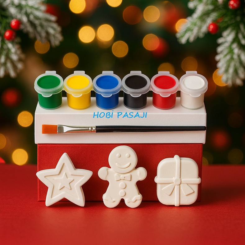 Taş Boyama Yeniyıl Yılbaşı Seti 6 Renk Akrilik Boya 5ml + Fırça