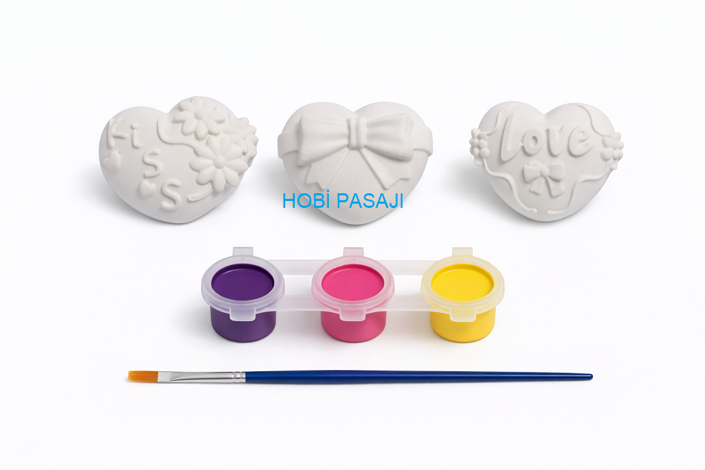 Taş Boyama Seti Kalpler 3 Renk Akrilik Boya 5ml + Fırça