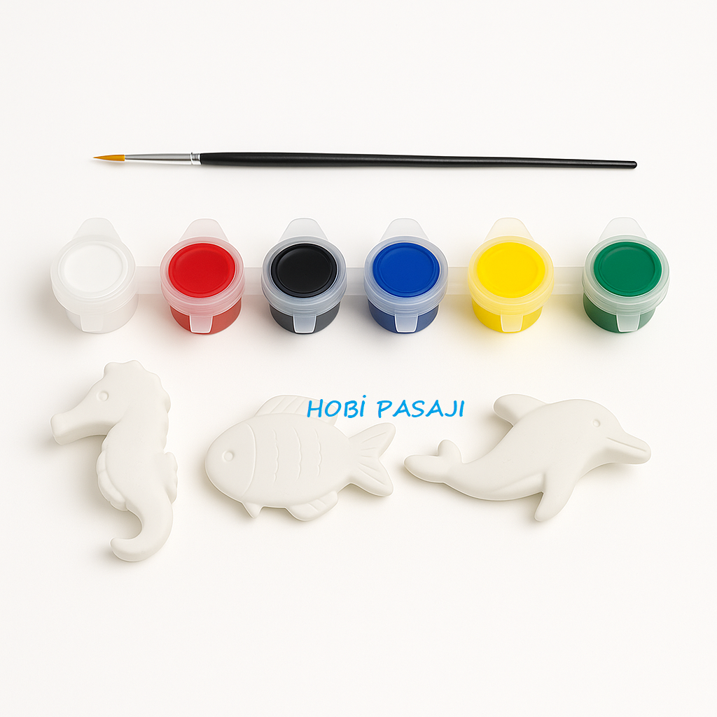 Taş Boyama Seti Deniz Atı & Balık & Yunus 6 Renk Akrilik Boya 5ml + Fırça