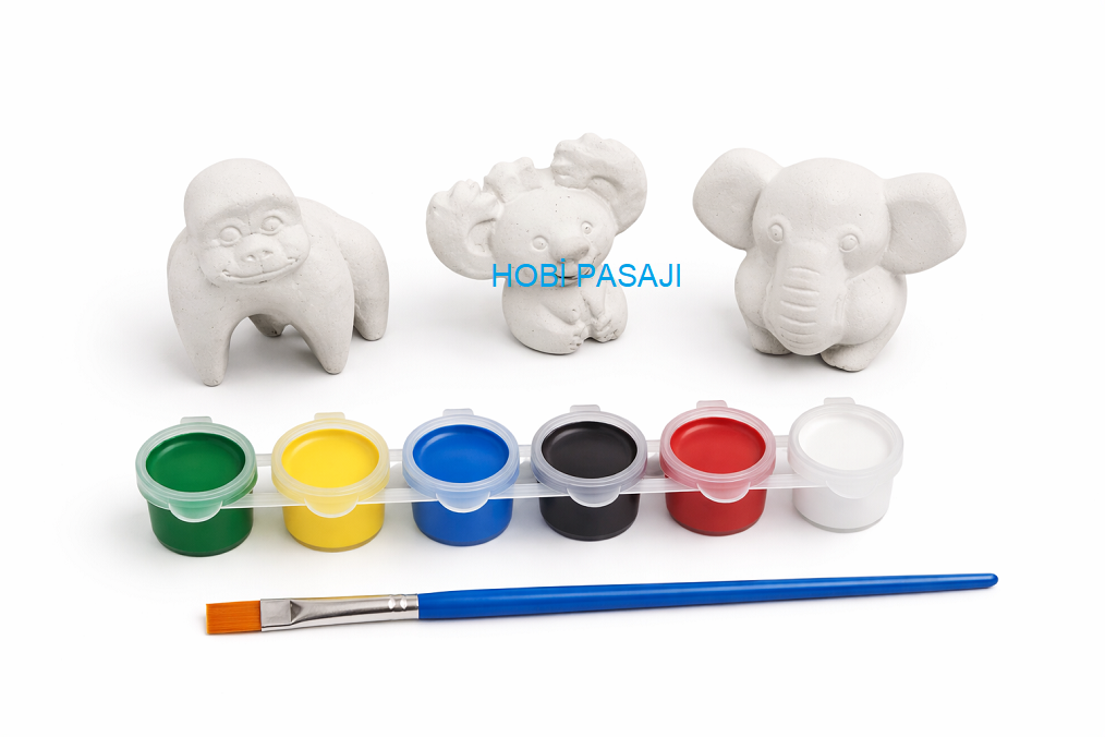 Taş Boyama Seti Fil Goril Koala 6 Renk Akrilik Boya 5ml + Fırça