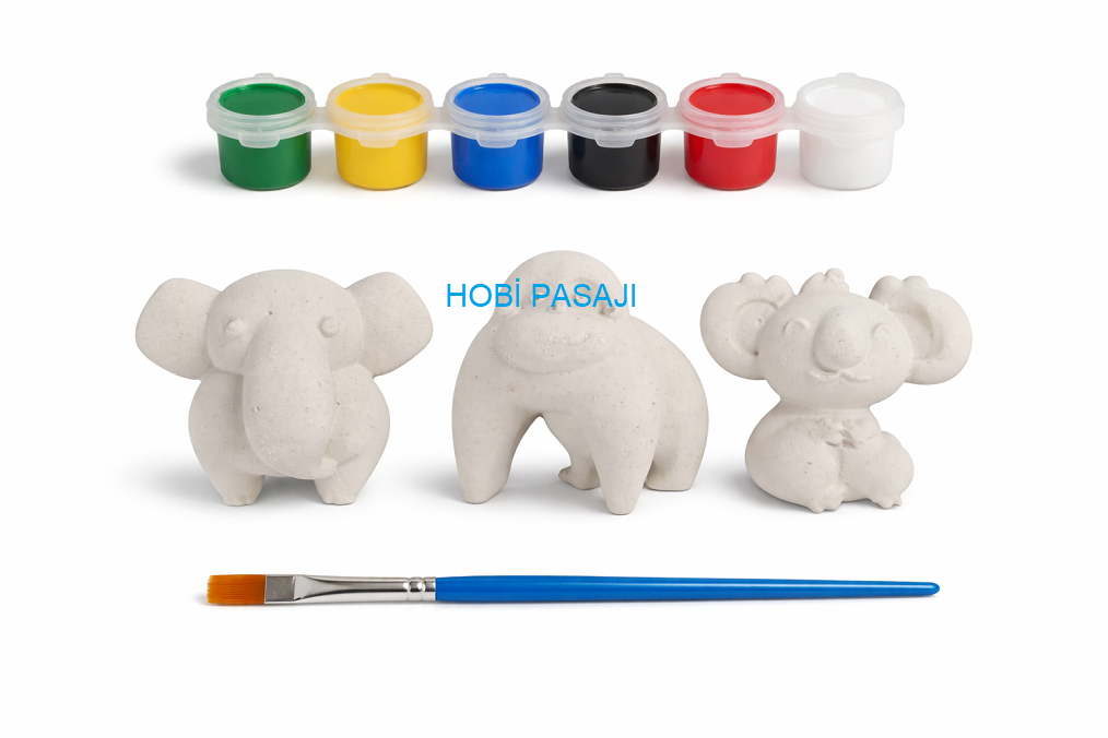 Taş Boyama Seti Fil Goril Koala 6 Renk Akrilik Boya 5ml + Fırça