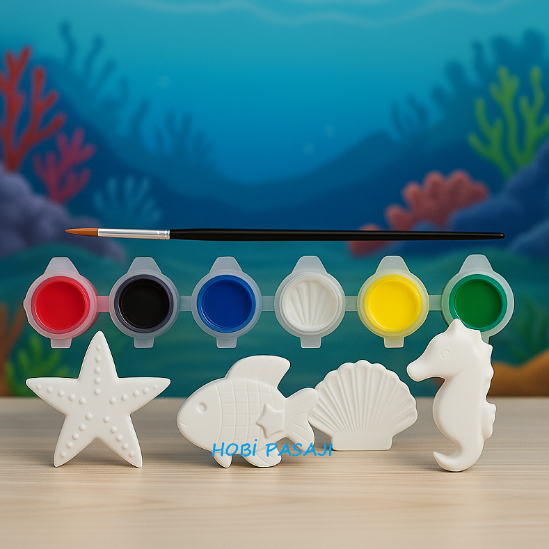 Taş Boyama Seti Deniz Yıldızı & Balık & İstiridye & Deniz Atı 6 Renk Akrilik Boya 5ml + Fırça