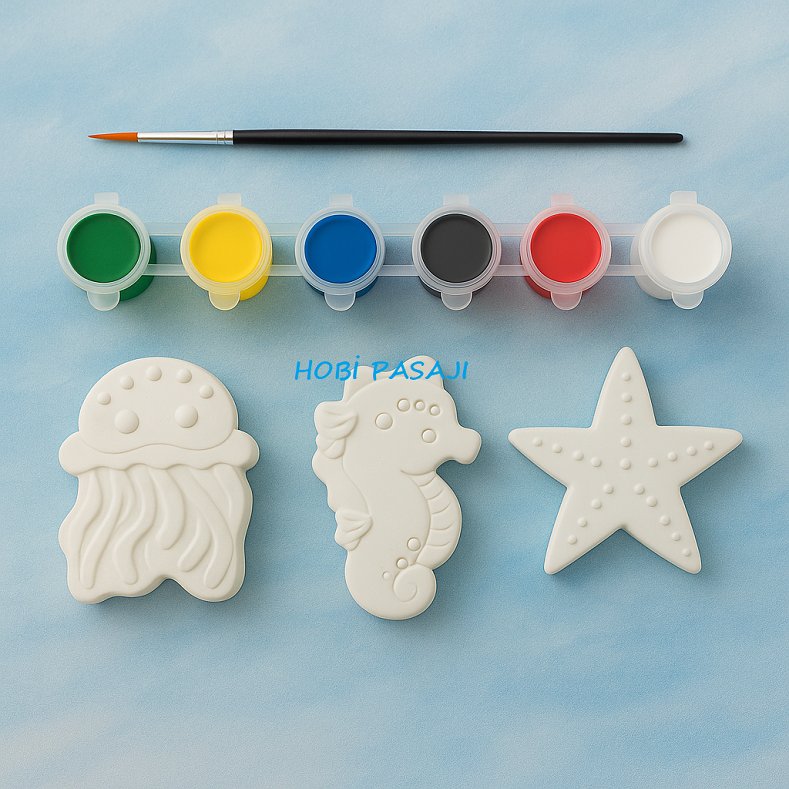 Taş Boyama Seti Ahtapot & Deniz Atı & Deniz Yıldızı 6 Renk Akrilik Boya 5ml + Fırça