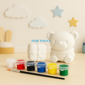 Taş Boyama Seti Ayıcık & Hediye Kutusu 6 Renk Akrilik Boya 5ml + Fırça