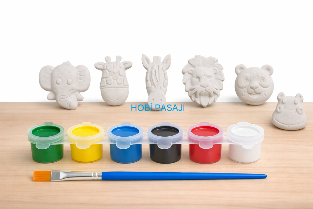 Taş Boyama Seti Hayvanlar 6 Renk Akrilik Boya 5ml + Fırça