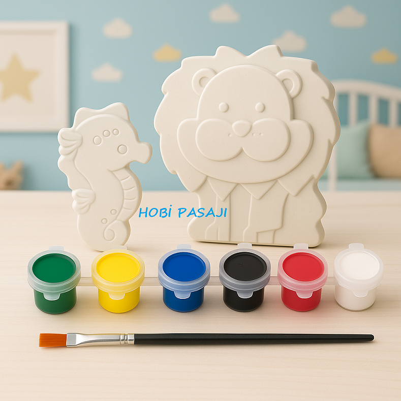 Taş Boyama Seti Deniz Atı & Aslan 6 Renk Akrilik Boya 5ml + Fırça