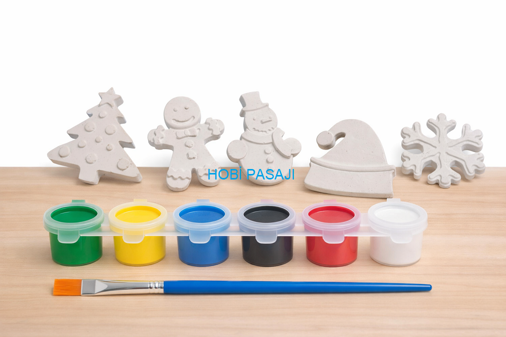 Taş Boyama Seti Kış ve Yeniyıl 6 Renk Akrilik Boya 5ml + Fırça