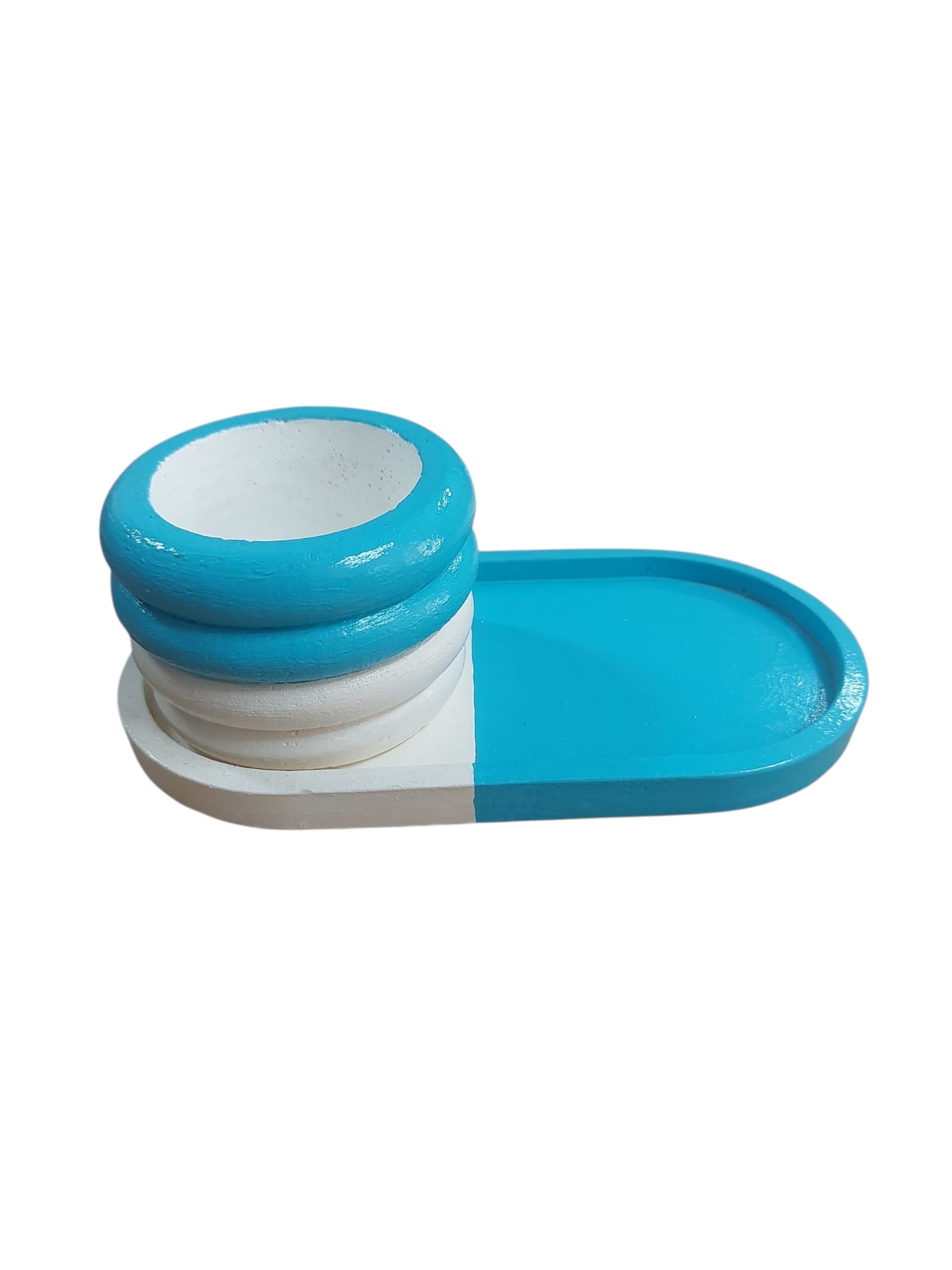 Oval Tabaklı Silindir Saksı Turkuaz Beyaz 18x9,5cm