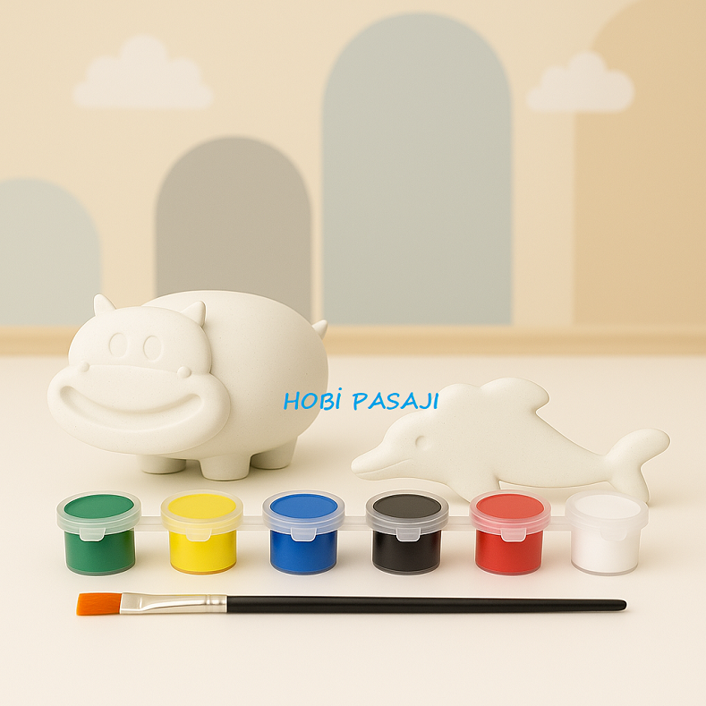 Taş Boyama Seti Su Aygırı & Yunus 6 Renk Akrilik Boya 5ml + Fırça