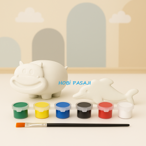 Taş Boyama Seti Su Aygırı & Yunus 6 Renk Akrilik Boya 5ml + Fırça