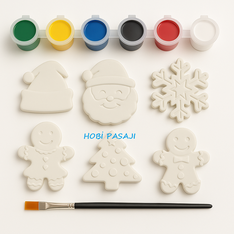 Taş Boyama Yeniyıl Yılbaşı Seti 6 Renk Akrilik Boya 5ml + Fırça