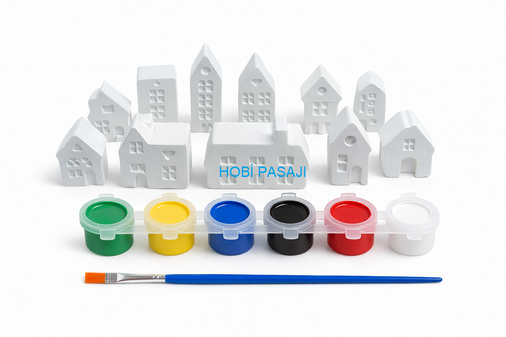 Taş Boyama Seti 11 Parça Evler 6 Renk Akrilik Boya 5ml + Fırça