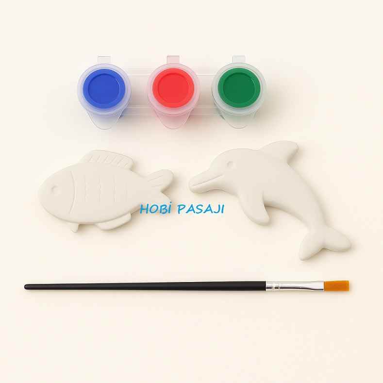 Taş Boyama Seti Balık ve Yunus 3 Renk Akrilik Boya 5ml + Fırça